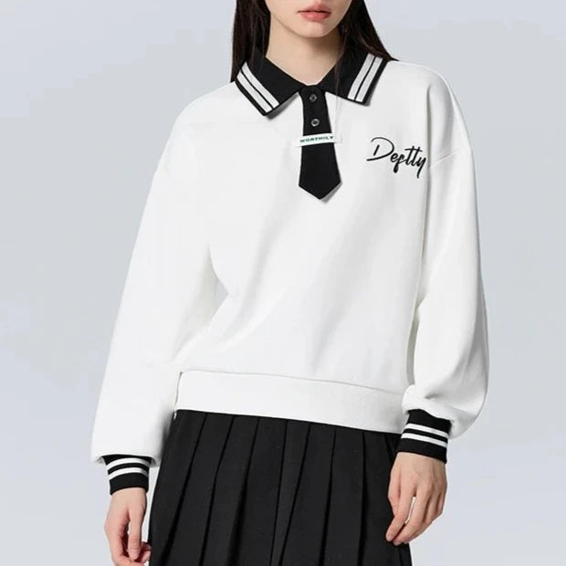 Semir Sweatshirt Women Polo Collar Letter Art Winter Loose Contrasted Color Temperament Trendy Plus Velvet Pullover  Amaijoin