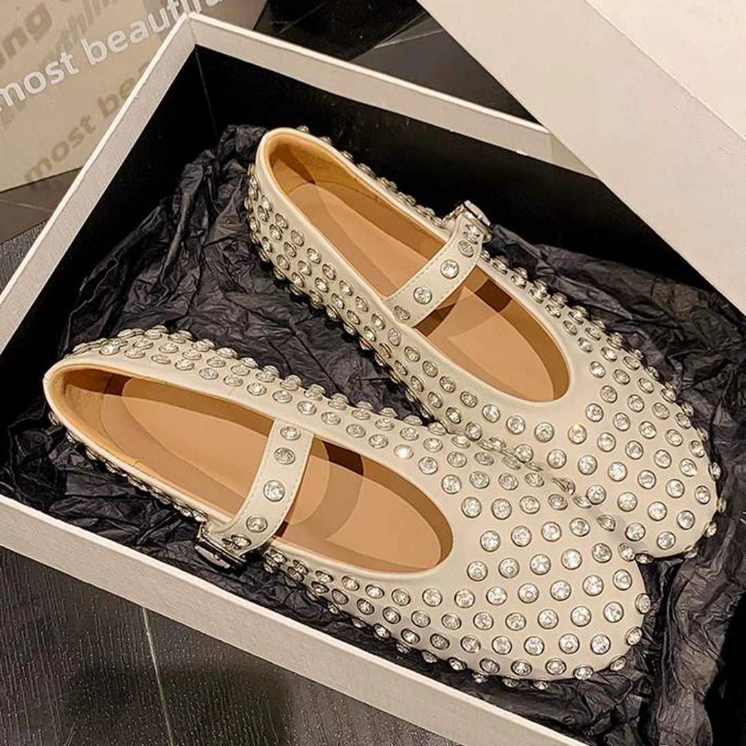 Lenkisen Luxury Rhinestone Sheepskin Mary Janes Shallow Dance Fashion Spring Shoes Summer Shallow Big Size Women Ballet Flats  Amaijoin