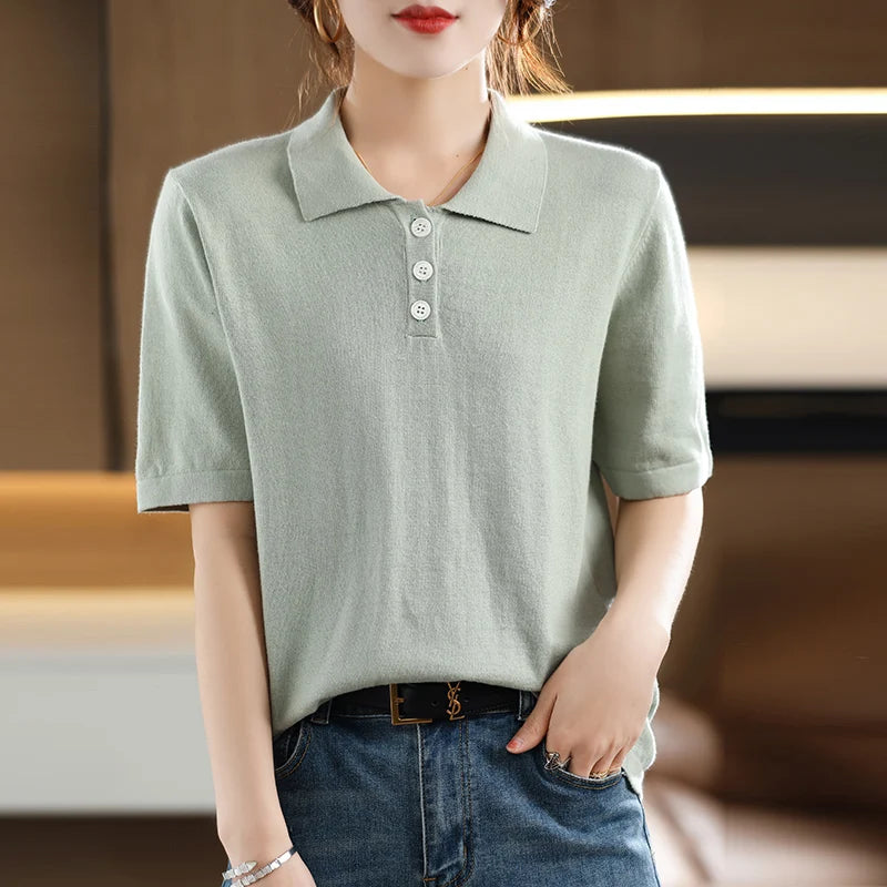 2024 New Women's Short sleeved 100% Wool Knitted POLO Neck Women's T-shirt Soft and Comfortable Short sleeved Women's Top  Amaijoin