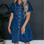 Load image into Gallery viewer, 2024 Spring Summer New Women&#39;s Clothing Solid Color Short Sleeve Lapel Casual Denim Dress High Waist Dress  Amaijoin
