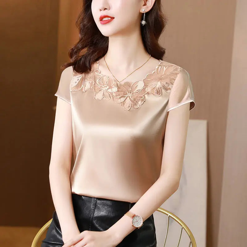 Fashion Foreign Style Loose Lace Short Sleeve T-Shirt Top Women's Spring and Summer Large Acetate Satin Bottomed Shirt  Amaijoin