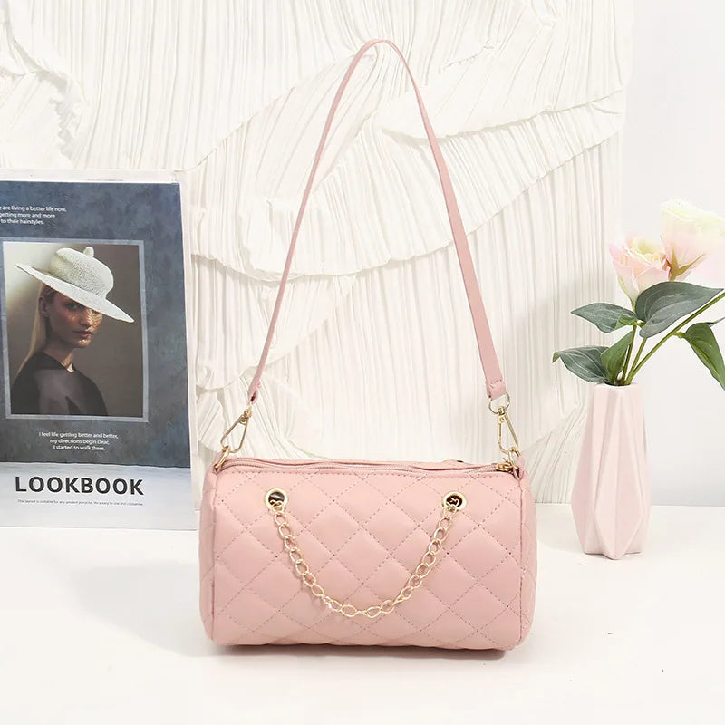 A trendy fashion casual diamond pattern embroidered chain diagonal cross cylinder bag with niche design shoulder bag  Amaijoin