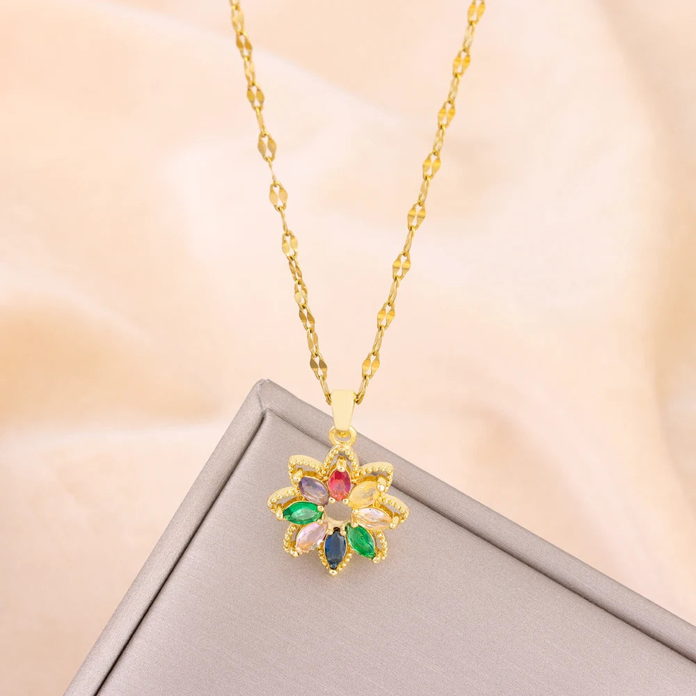 New In Fashion 7 Colors Zircon Crystal Flower Pendant Necklaces For Women Trendy Female Stainless Steel Chain Ladies Accessories  Amaijoin