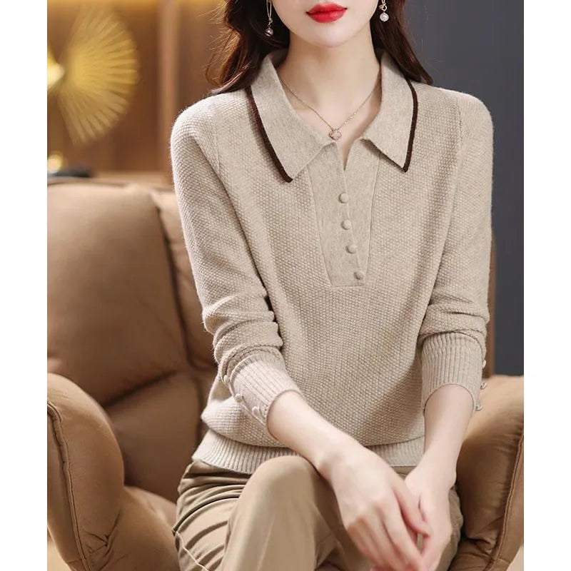 2023 New Autumn and Winter Fashion Solid Color Contrast Knitted Bottom Shirt Temperament Commuter Button Casual Women's Sweater  Amaijoin