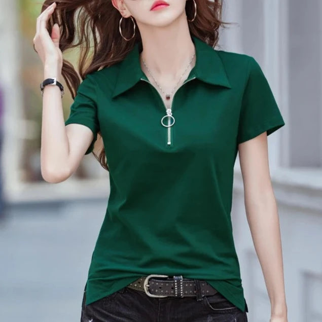 New 2024 Summer Women T Shirt Cotton Elegant Style Zipper Neck Fashion Office Lady Top Short Sleeve Polo For Women  Amaijoin