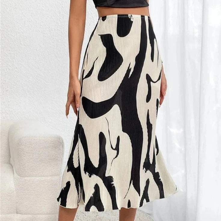 Dressy Casual Graphic Print Pleated Long Skirts Women Autumn Fashion Elastic High Waist Geometry Midi Skirt Streetwear 2023  Amaijoin