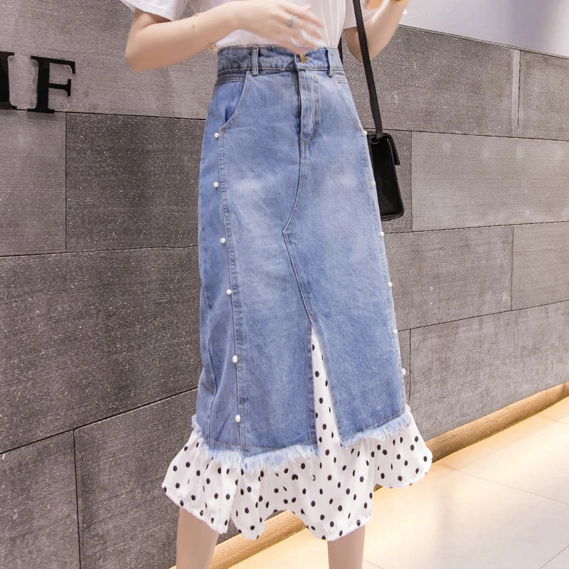 Irregular Jean Skirts Women High Waist Ripped Beaded Denim Skirt Female 2024 New Straight Midi Skirts Zipper Fly Pocket Saias  Amaijoin