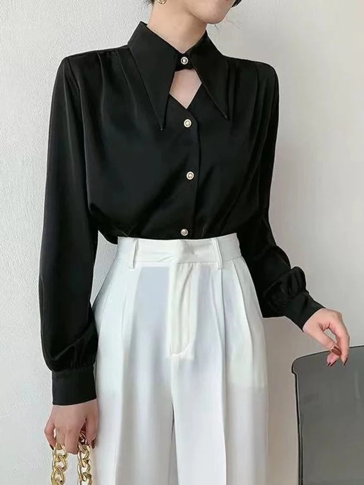 Zoki Sexy Hollow Out Women Satin Shirt Elegant Long Sleeve Casual Office Lady Blouse Korean Fashion All Match Loose White Tops  Amaijoin