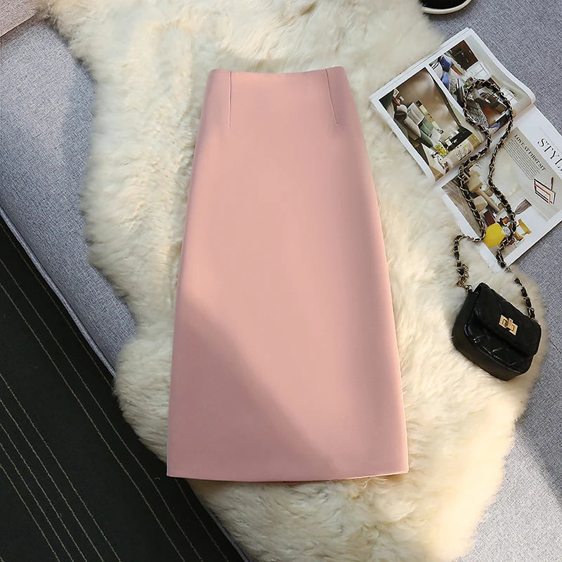 Straight Suit Skirts For Women 2024 Fashion OL Style Back Slit High Waist A-Line Skirt Elegant Simple Casual Midi Skirt Femme  Amaijoin