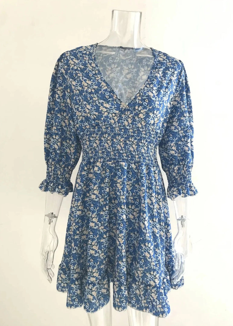 New Mid length Dress Waist Pullover Bohemian Printed Short Sleeve Fragmented Flower Dress  Amaijoin