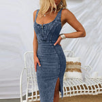 Load image into Gallery viewer, Women Sexy Backless Dress Sleeveless Summer Casual Streetwear Bodycon Comfy Classic Sling Female Split Vestidos Denim Dress  Amaijoin
