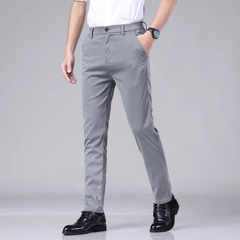 Four Seasons New Soft Lyocell Fabric Men's Pants Business Slim Pant Elastic Waist Korea Solid Color Stretch Casual Trousers Male  Amaijoin