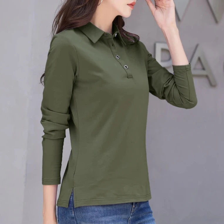 Autumn New In Basic T Shirt Long Sleeve Cotton Plus Size Cotton Polo T- Shirt Women Button Casual Office Lady Formal Women Tops  Amaijoin