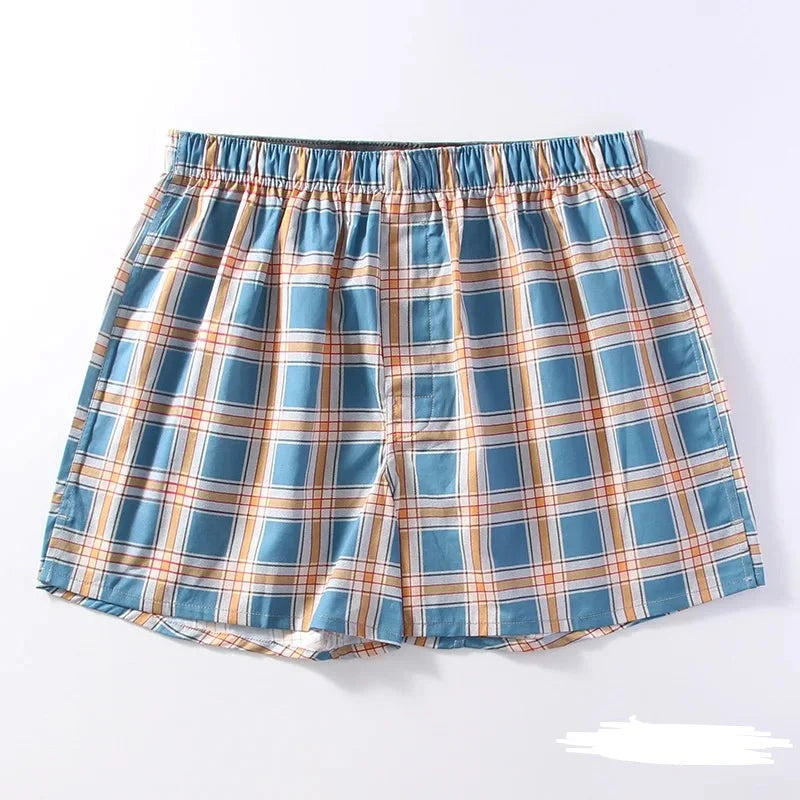 Summer thin Fashion casual plaid sleep bottoms men 100% cotton shorts sleepwear male pajamas Arrow pants S  Amaijoin