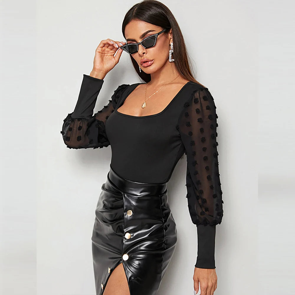 Autumn Tops 2023 New Sexy Elegant Chic Mesh Sleeve Bodysuit Women Black Square Collar Bodycon Office Lady One Piece Outfits  Amaijoin