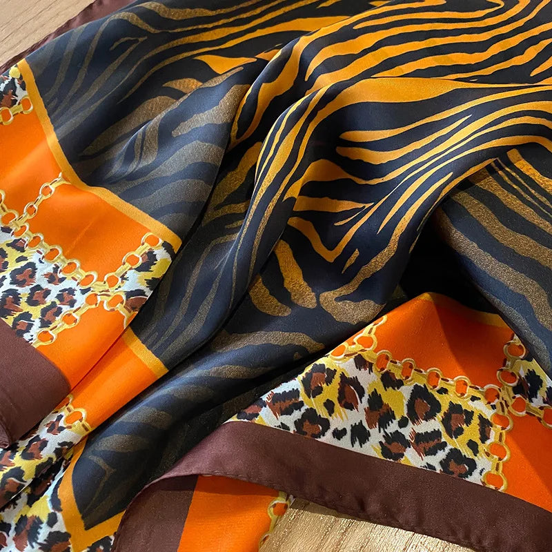 New Satin Shawl Design Wild leopard Print Silk Square Women neck scarves Wrap Headkerchief Beach Hair Band women's bandana  Amaijoin