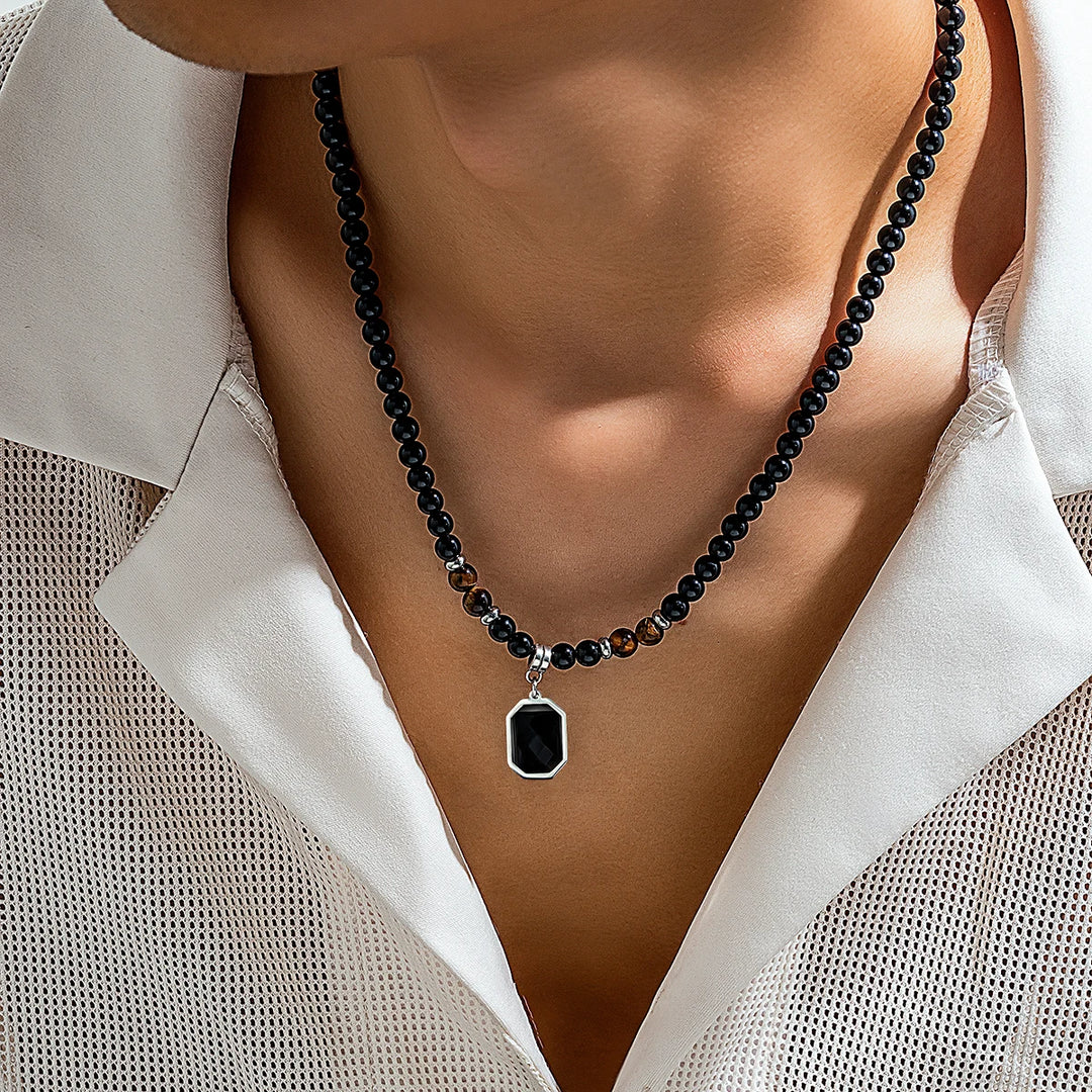 Black Beads with Square Pendant Necklace for Men Trendy Accessories on the Neck Collar 2023 Fashion Jewelry Male Gift Decoration  Amaijoin