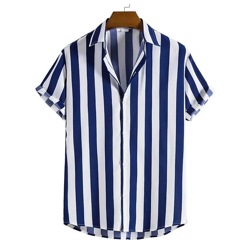 Striped simple men's shirt casual loose lapel cardigan top large size men's short-sleeved shirt high-end comfortable and simple  Amaijoin