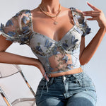 Load image into Gallery viewer, Koltailace Bufferfly Embroidery Puff Sleeve Top Women V Neck Summer Backless Short Sleeve Sexy Cropped Top Blouse  Amaijoin
