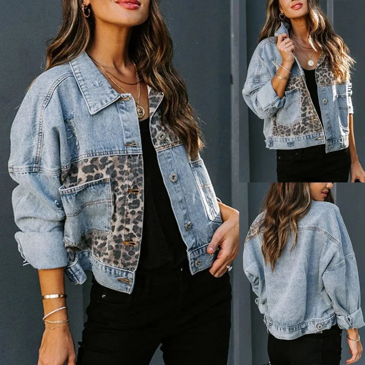 2023 Spring New Denim Jacket Women Long-sleeved Denim Jacket Female Leopard Stitching Female Tops  Amaijoin