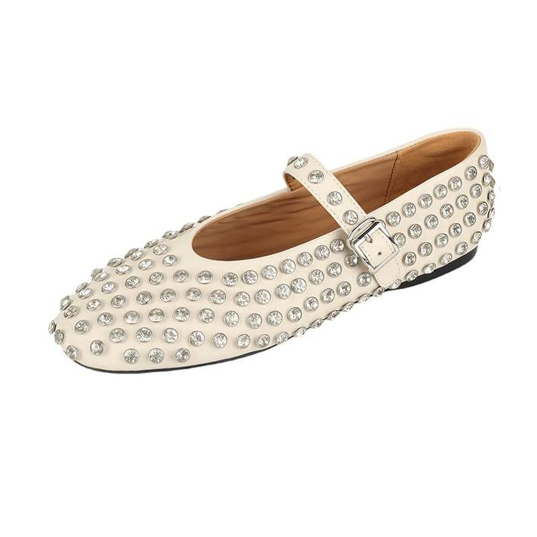 Lenkisen Luxury Rhinestone Sheepskin Mary Janes Shallow Dance Fashion Spring Shoes Summer Shallow Big Size Women Ballet Flats  Amaijoin