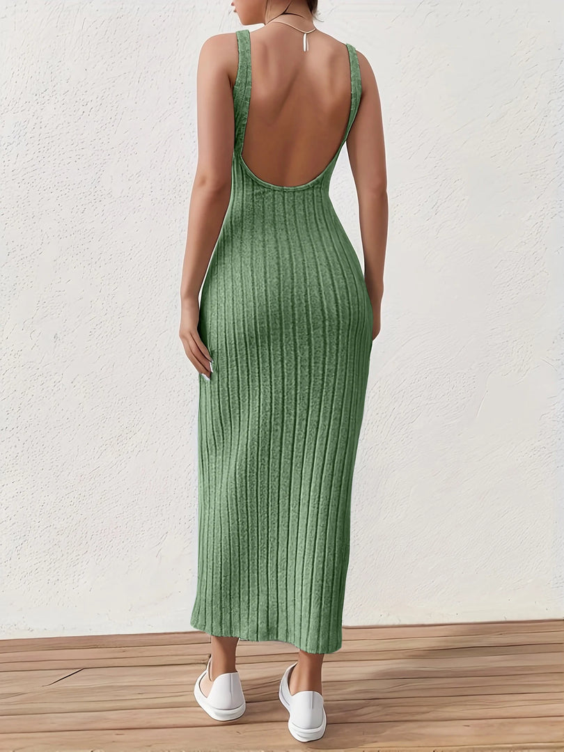 Solid Backless Tank Dress，Summer new sexy backless mid-length knitted sleeveless dress  Amaijoin