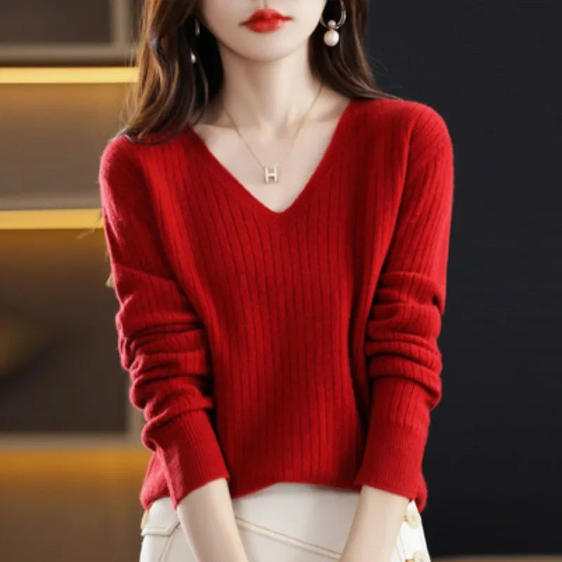 Women Sweater Long Sleeve Top Knitted Pullover V-Neck Fashion Sweater Woman Winter 2022 Basic Female Clothing Soild OL Sweaters  Amaijoin