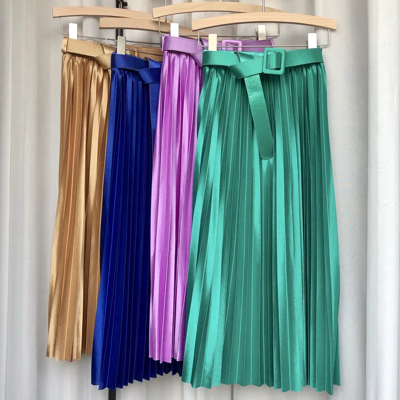 2024 New High Waist Elegant Stain Women's Pleated Skirts with Belted Solid Skirts Mi-long Umbrella Skirt Spring Summer  Amaijoin