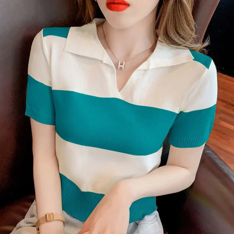 Clothing T-shirt Woman Tops Red Knit Polo Neck Shirts for Women Green Striped Short Sleeve Tee V Cute Youth High Quality Cotton  Amaijoin