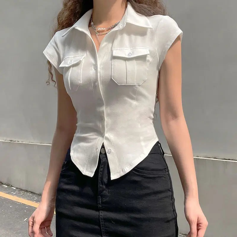 Skinny Uniform Short Sleeve Shirts Women Korean Turndown Collar Pockets White T-Shirt Slim Fit Single-Breasted OL Woman Clothes  Amaijoin