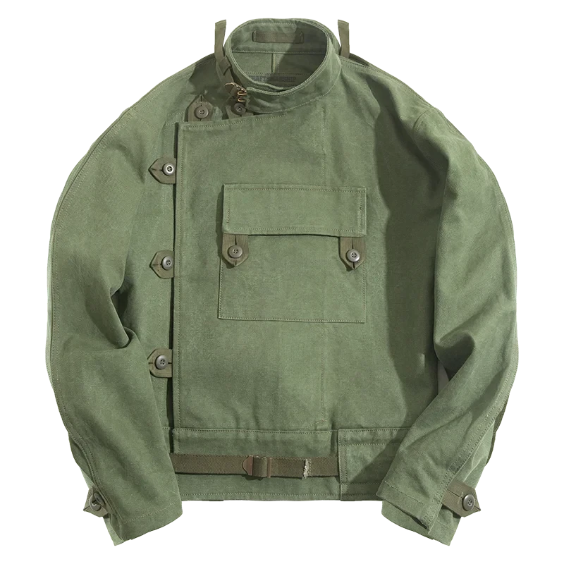 Maden Army Green Retro bomber Jackets Misplaced Oblique Buckle Swedish Motorcycle Men's AMEKAJI Cotton Autumn Winter Coat  Amaijoin