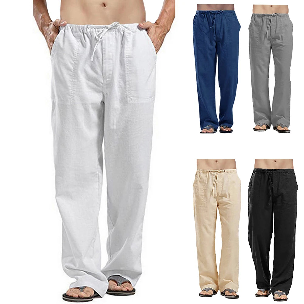 Mens Cotton Linen Long Pants Summer Drawstring Trousers Leisure Resort Trousers Men Thin Oversized Loose Straight Leg Pant  Amaijoin