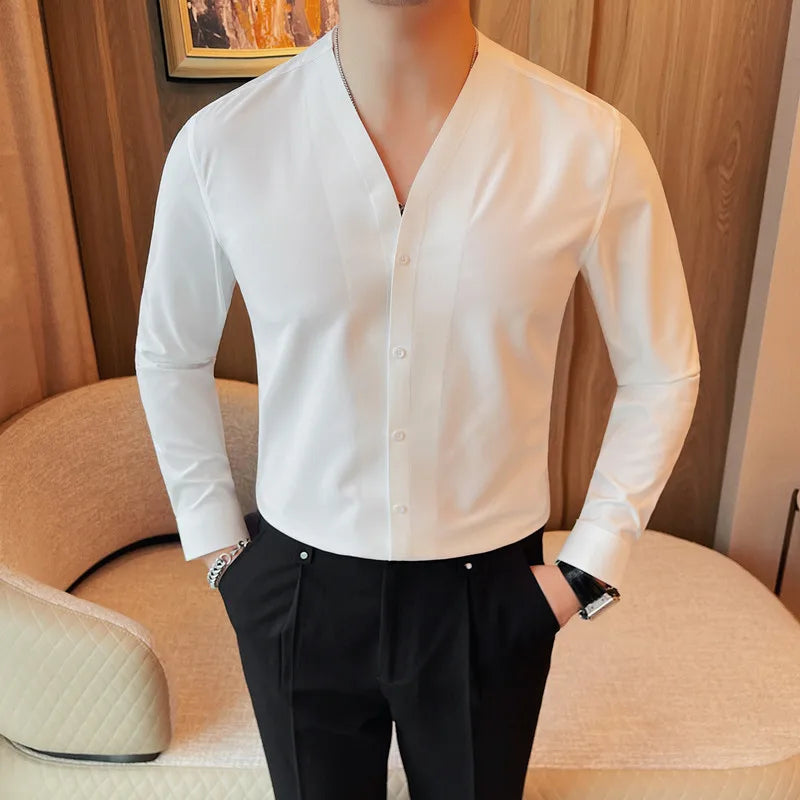 Brand Scarless Elastic V-neck Shirt Men Long Sleeve Casual Business Dress Shirts Solid Social Party Tuxedo Blouse Men Clothing  Amaijoin