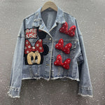 Load image into Gallery viewer, 2024 New Women Coat Cartoon Sticker Embroidered Sequin Short Denim Jacket Loose Bowknot Top  Amaijoin
