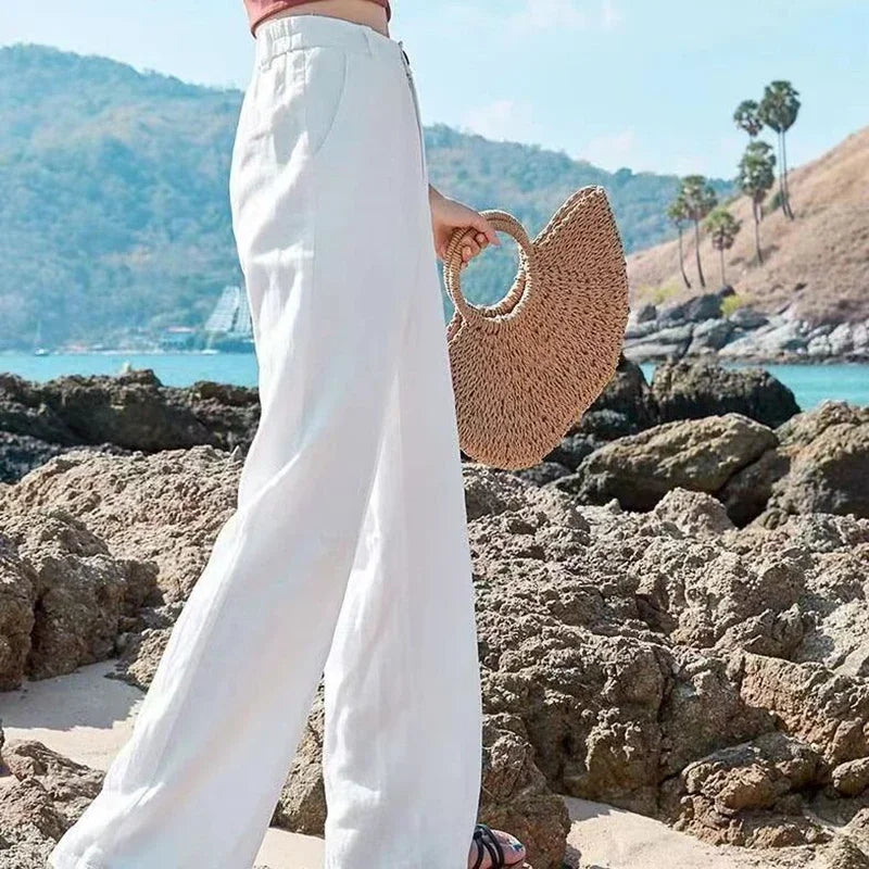 Summer Baggy Cotton Linen Pants Women Elegant High Waist White Wide Leg Pants Woman Casual Loose Straight Full Trousers Female  Amaijoin