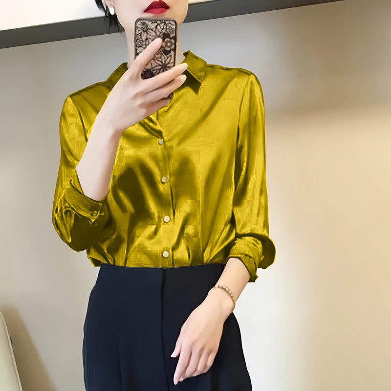 All-match Satin Finish Shirts And Blouses Women Clothing Casual Top OL Long Sleeve Button Elegant Shirts French Solid Blouses  Amaijoin