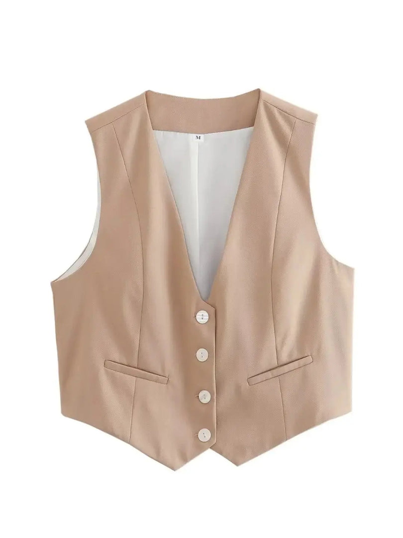 XNWMNZ 2024 Women Fashion Front Buttons Cropped Waistcoat Vintage V Neck Sleeveless Versatile Female Vest Chic Tops  Amaijoin