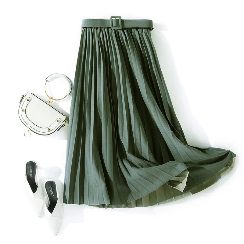 XFPV 2023 New Autumn Summer Fashion Solid Color High Waist Pleated A Line medium and long Skirt Women SM1983  Amaijoin