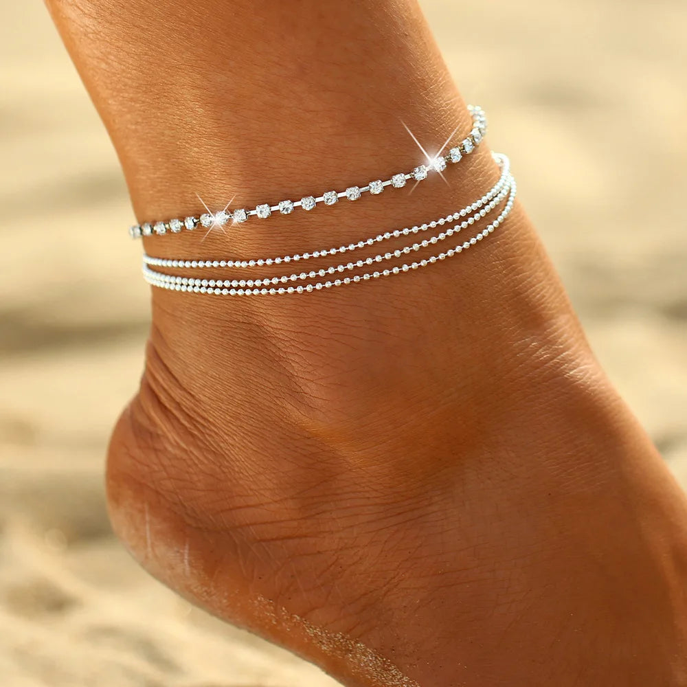 Two Layers Chain Heart Moon Sun Gold Silver Color Anklets For Women Bracelets Summer Barefoot Sandals Jewelry On Foot Leg  Amaijoin