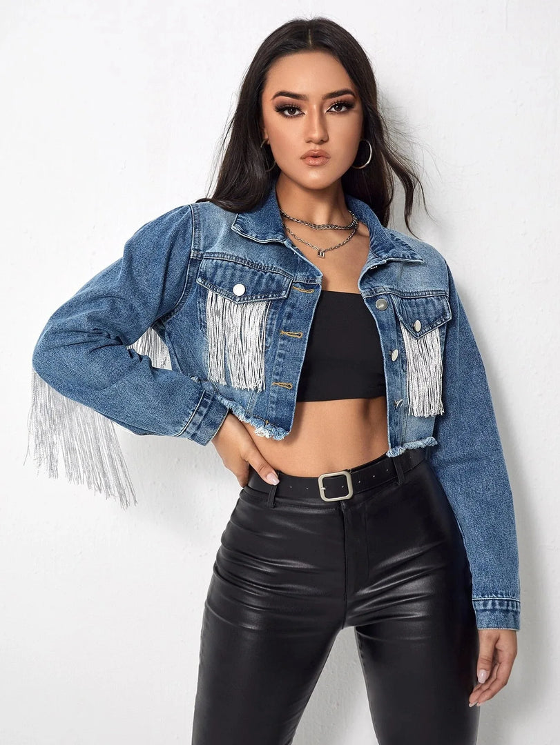 Women's Fringe Jacket Tassel Cropped Denim Jacket Raw Hem Ripped Crop Jean Jackets  Amaijoin