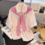 Load image into Gallery viewer, Women&#39;s Summer Trend Clothing Short Sleeved Striped Shirt Pocket Shawl Shirt Top Sweet Casual Office Lady&#39;s Shirts And Blouses  Amaijoin
