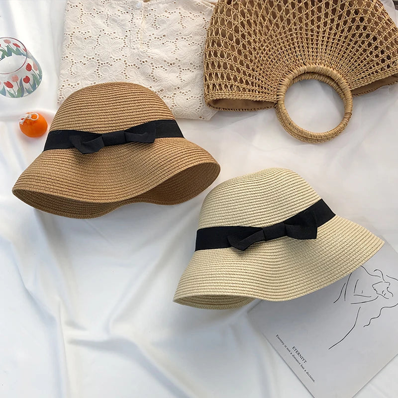 Hepburn bow ribbon sun hat women's straw hat Bucket hat color sunscreen sun hat beach hat wholesale  Amaijoin