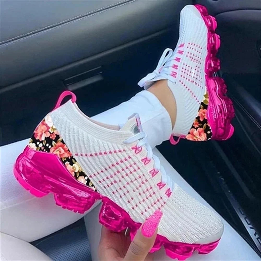 2023 New Sneakers Women Spring Fashion Knitted Fabric Floral Lace Up Ladies Casual Shoes Larged-Size Flats Running Sport  Amaijoin