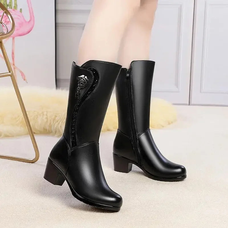 Winter Boots Genuine Leather Female Boots High-heeled Boots Warm Snow Boots Fashion Non-slip Thick-soled Boots Bota Feminina  Amaijoin