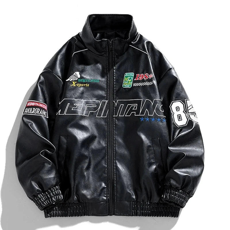 Bomber Leather Jacket Men Women Hip Hop Letter Embroidery Motorcycle Loose Baseball PU Coat Casual Street Racing Outwear 2023  Amaijoin