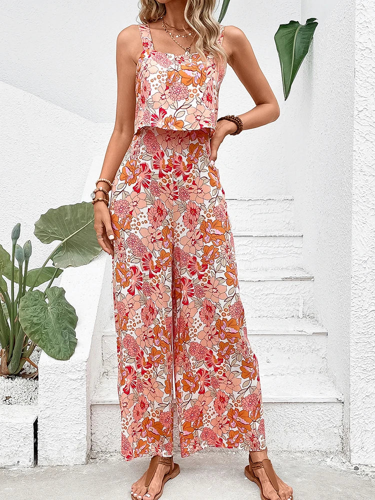 Elegant Long Jumpsuit Women Sexy Backless Wide Leg Jumpsuits Casual Sleeveless Floral Rompers Summer Clothes For Woman 2024 New  Amaijoin