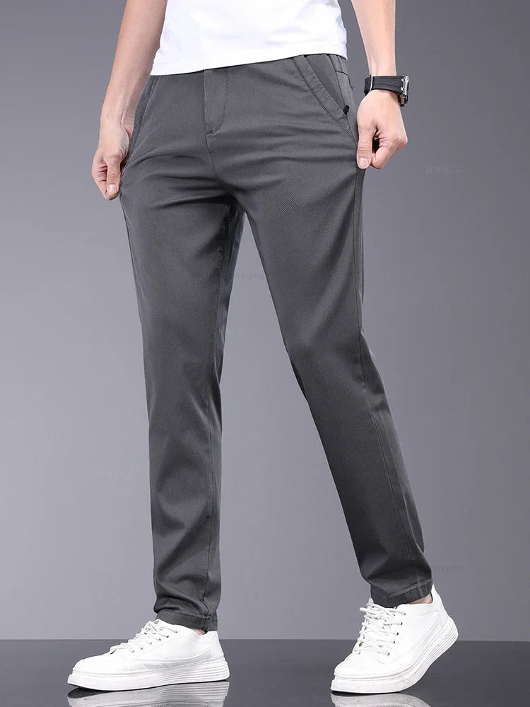 Bamboo Fiber Fabric Summer Men's Casual Pants Fashion Thin Soft Breathable Elastic Business Slim Straight Trousers Black Gray  Amaijoin