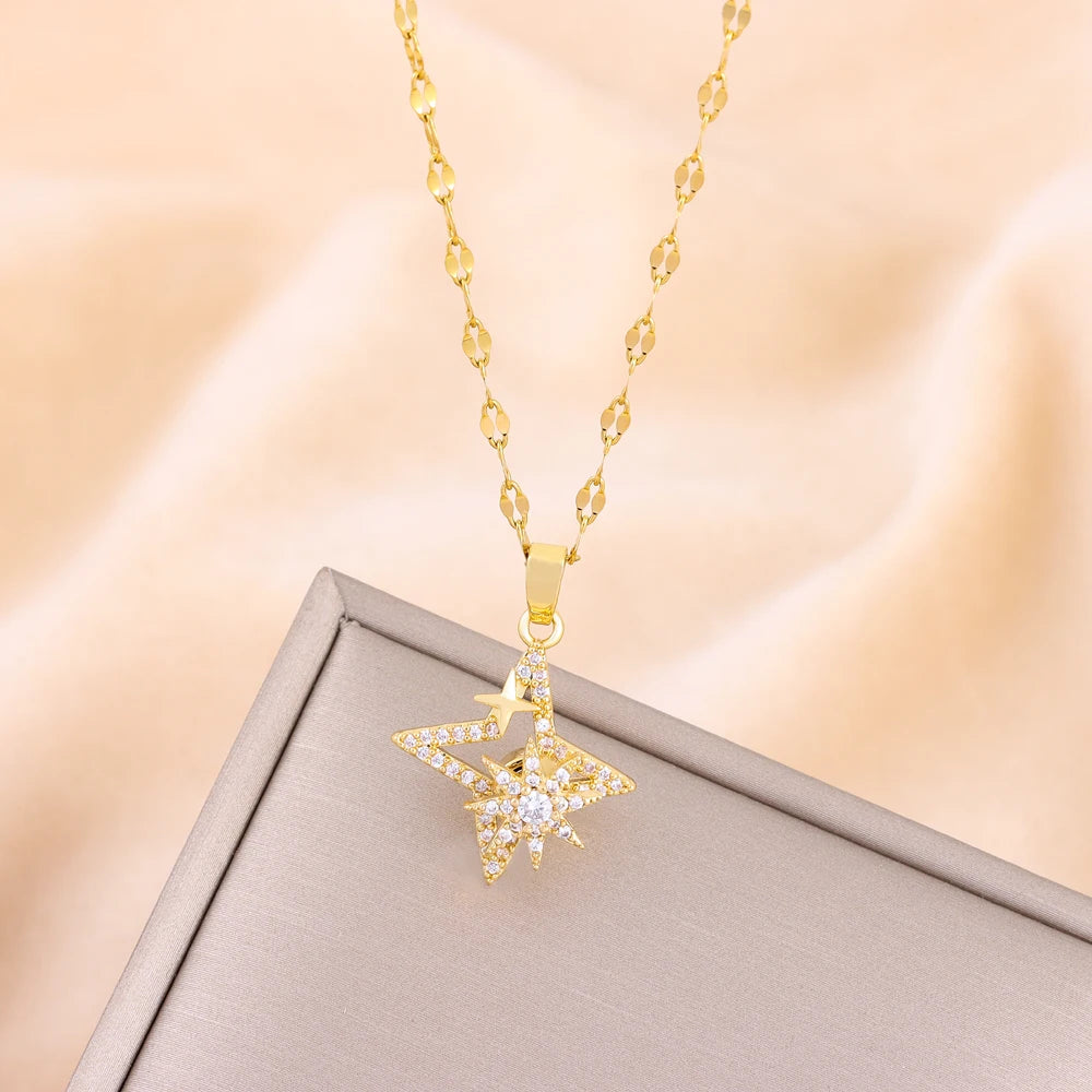 New In Rotatable Zircon Crystal Lucky Star Pendant Necklaces For Women Trendy Female Stainless Steel Chain Ladies Accessories  Amaijoin