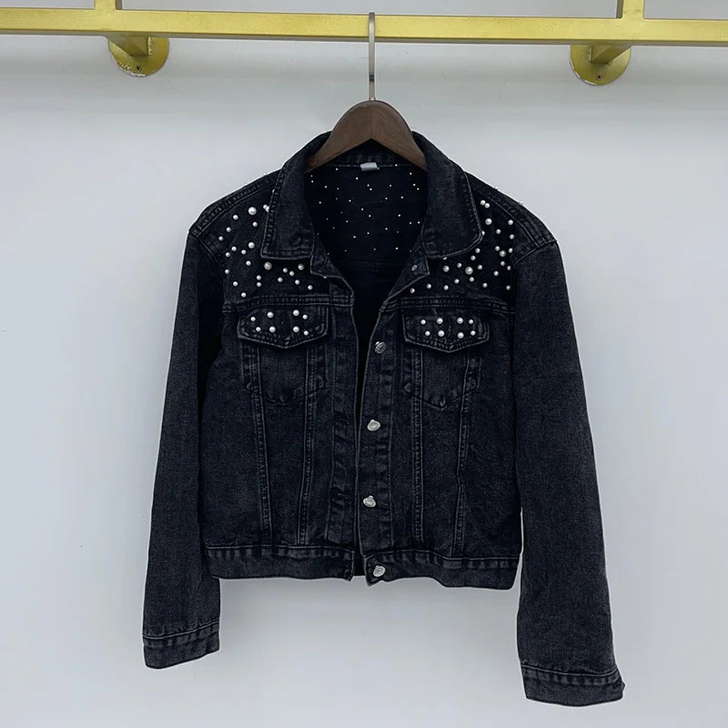 2024 Women's Short Denim Jacket Beaded Pearl Jacket Loose Spring and Autumn New Denim Jacket  Amaijoin