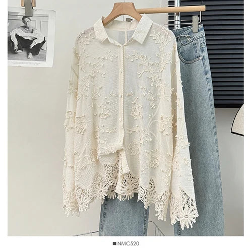 Embroidery Stereo Jacquard Gentle Blouses Single-breasted Lace Patchwork Age Reducing Blusas 2024 Spring Autumn New Chic Shirts  Amaijoin